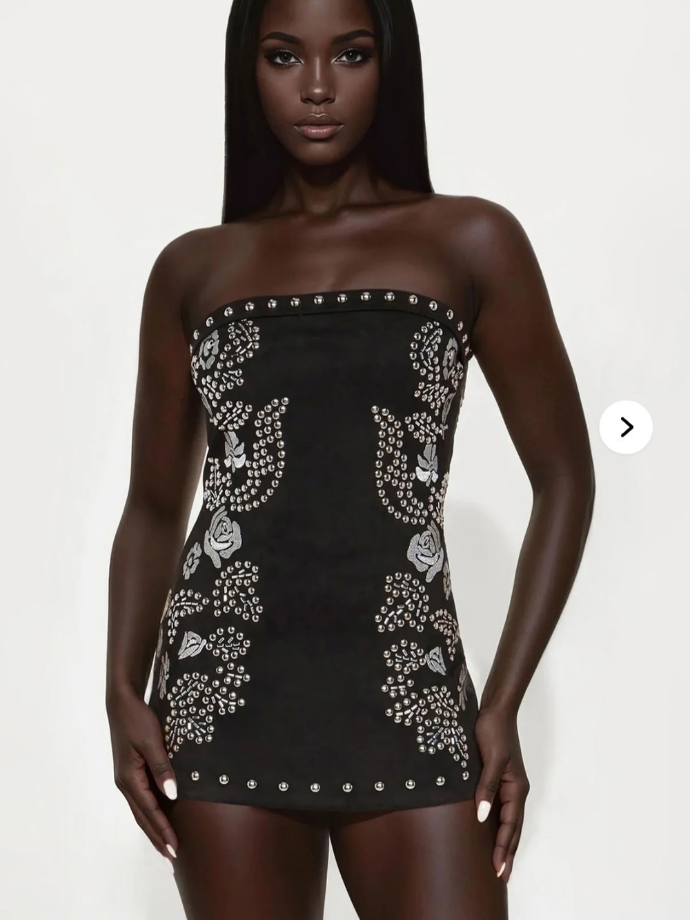 Fashion Nova Black Studded Strapless Romper with Silver Floral Detail